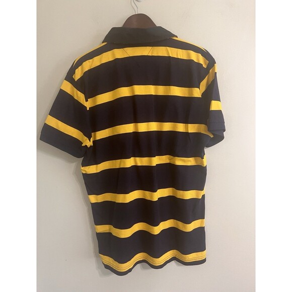 Tommy Hilfiger Polo Shirt Mens Large Large Blue Yellow Stripes Slim Rugby Patch - Picture 4 of 8